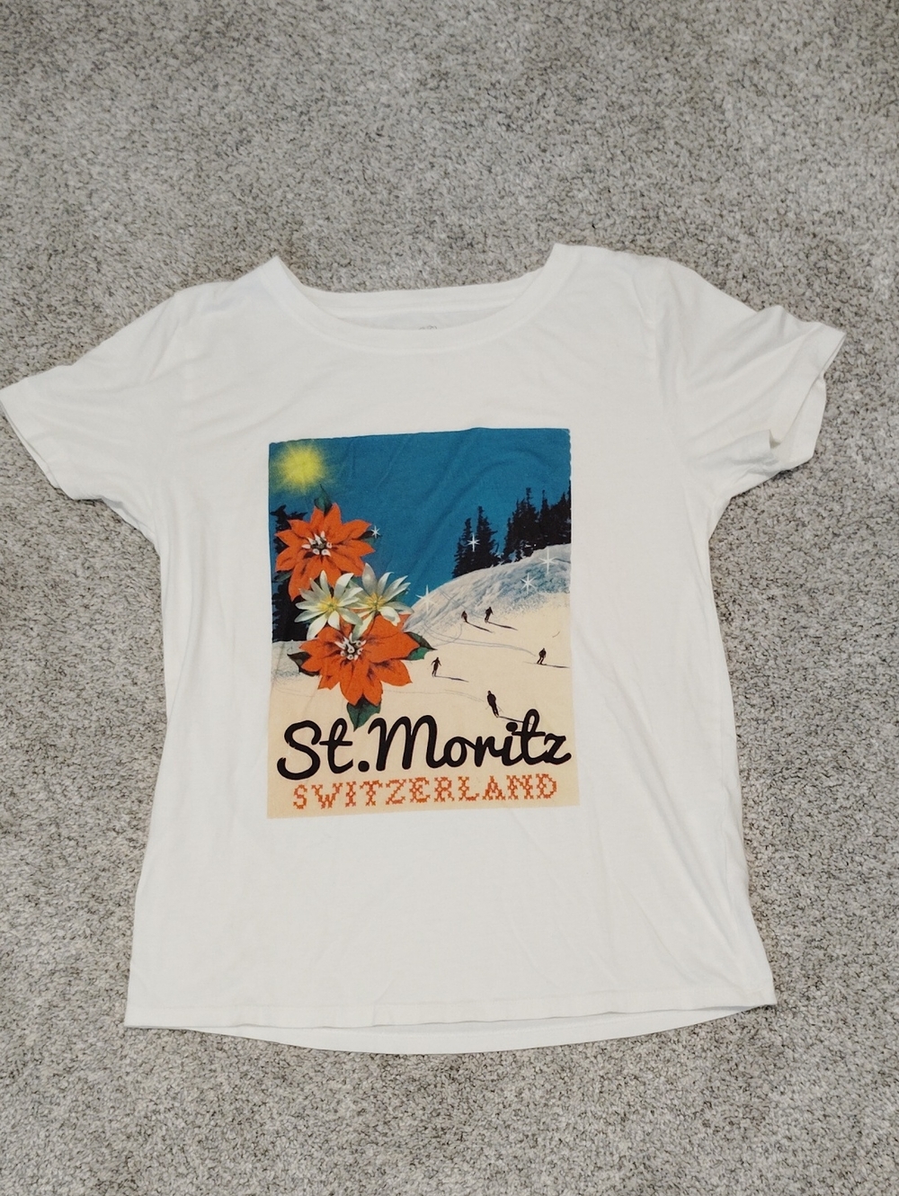 J. Crew White Tee with Blue Sky and Orange Floral Ski Graphic